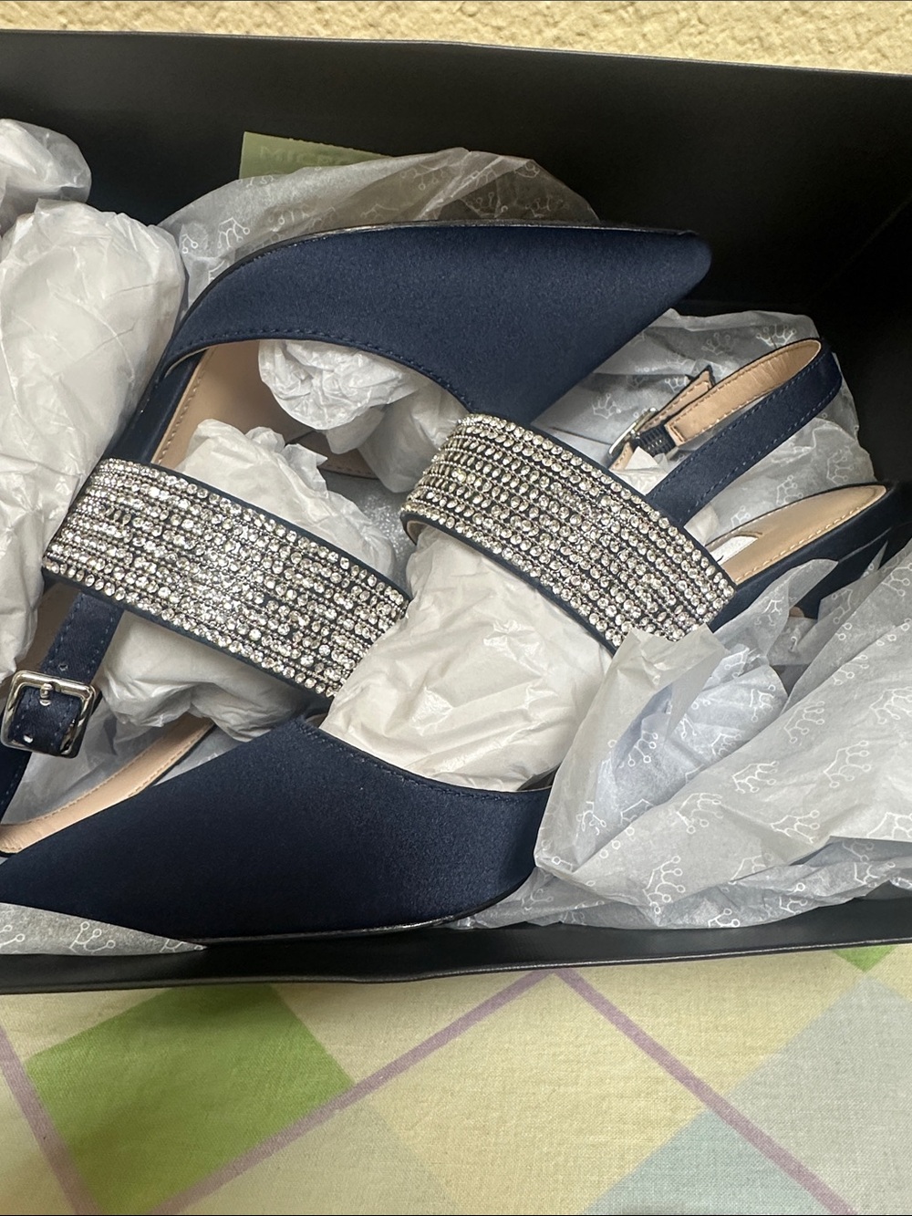 Nina Navy Satin Pointed Slingback Heels with Crystal-Embellished Straps